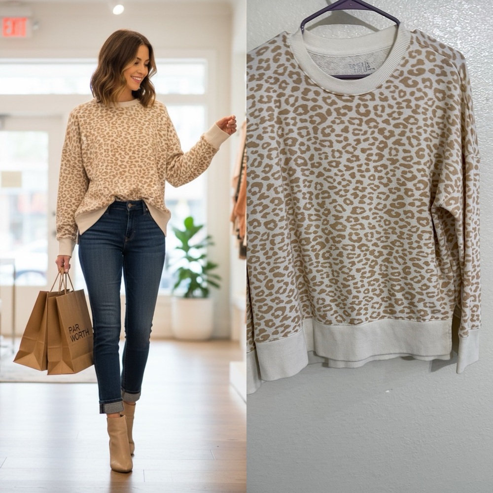 Time and Tru Beige and Cream Leopard Print Crewneck Sweater